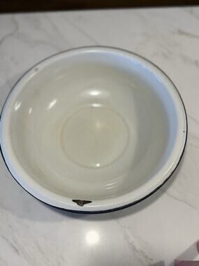Vintage Large White Enamel Bowl Black Rim 12”